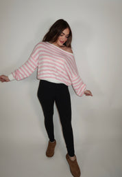 Camille Striped Knit Off The Shoulder Sweater- Pink