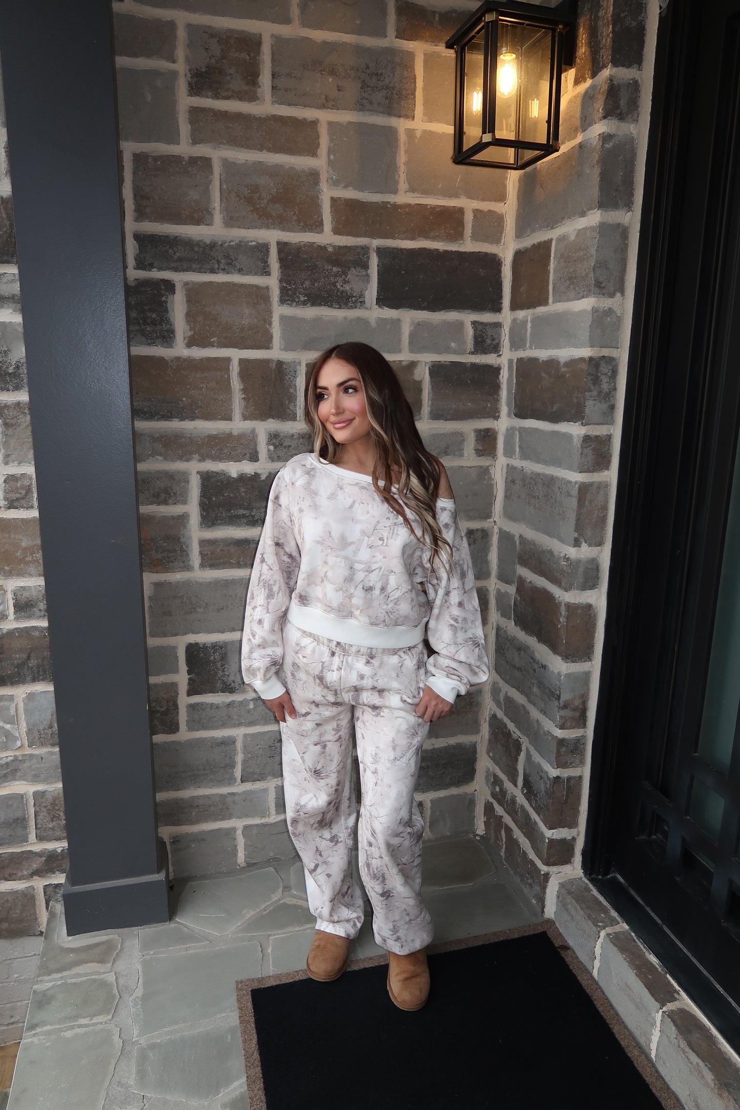 Monroe Camo Fleece Off Shoulder Sweater- Light Camo