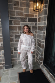 Monroe Camo Fleece Off Shoulder Sweater- Light Camo