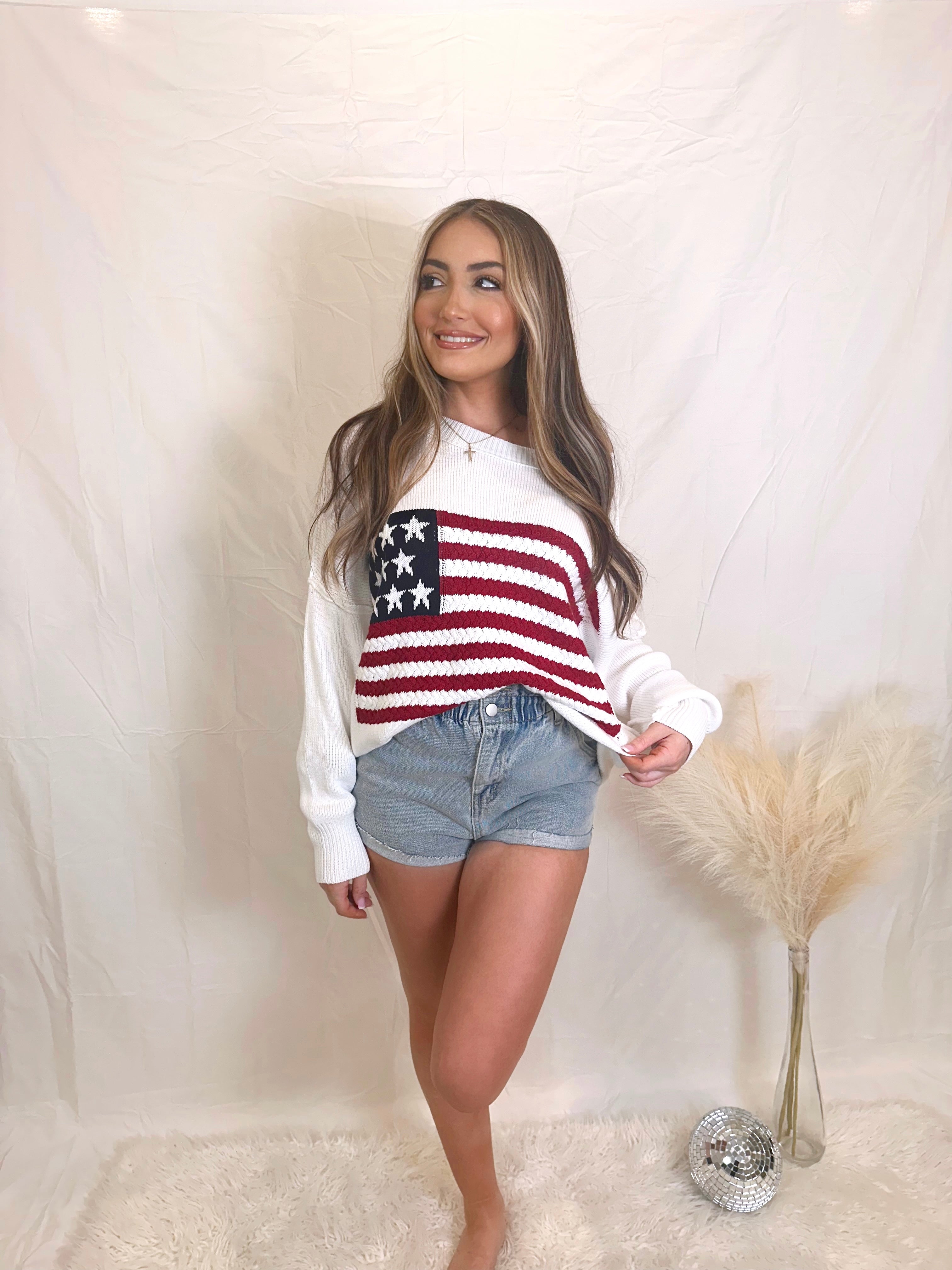 Stars and Stripes Crochet Knit Sweater Top- White