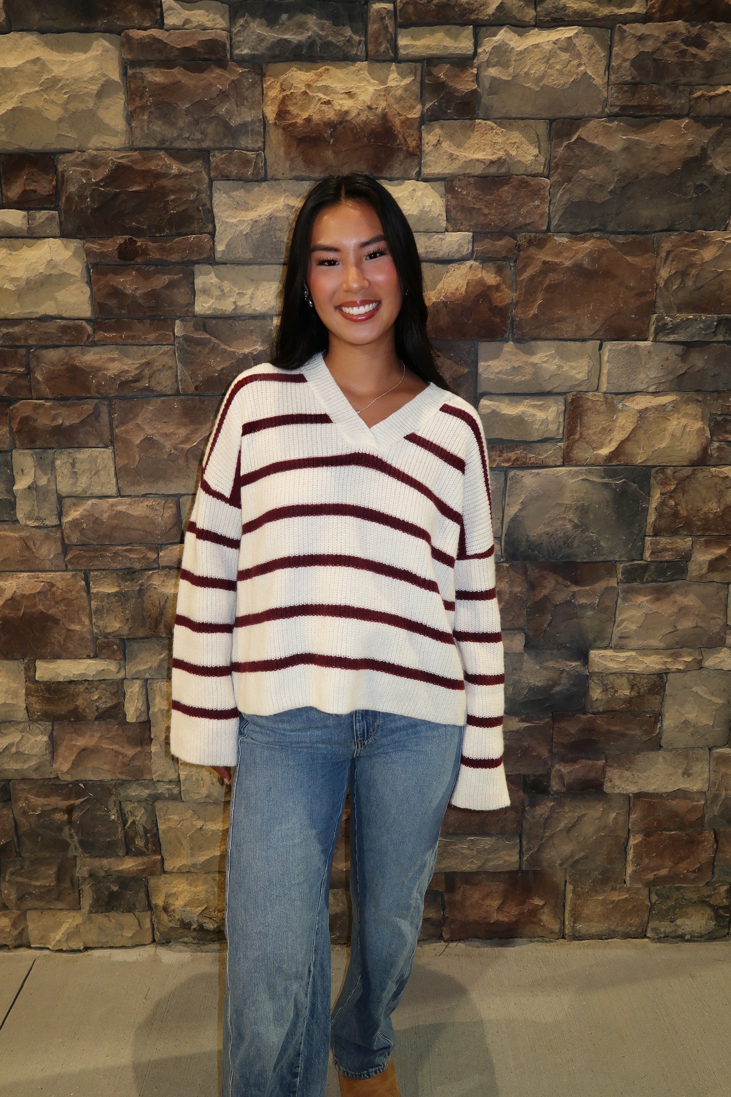Remi Striped Sweater Knit Cardigan Top- Ivory/Burgundy