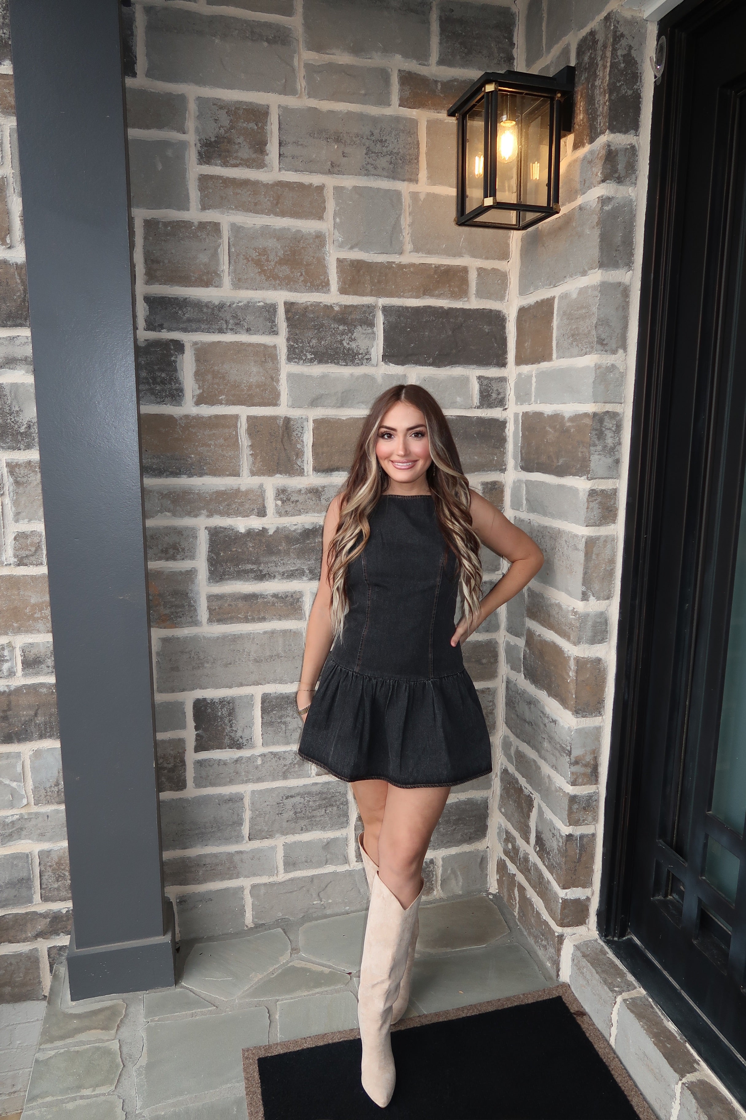 Jane Denim Bubble Hem Dress- Black Denim