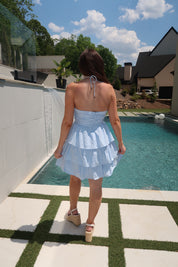 Lennon Ruched Halter Mini Dress- Light Blue
