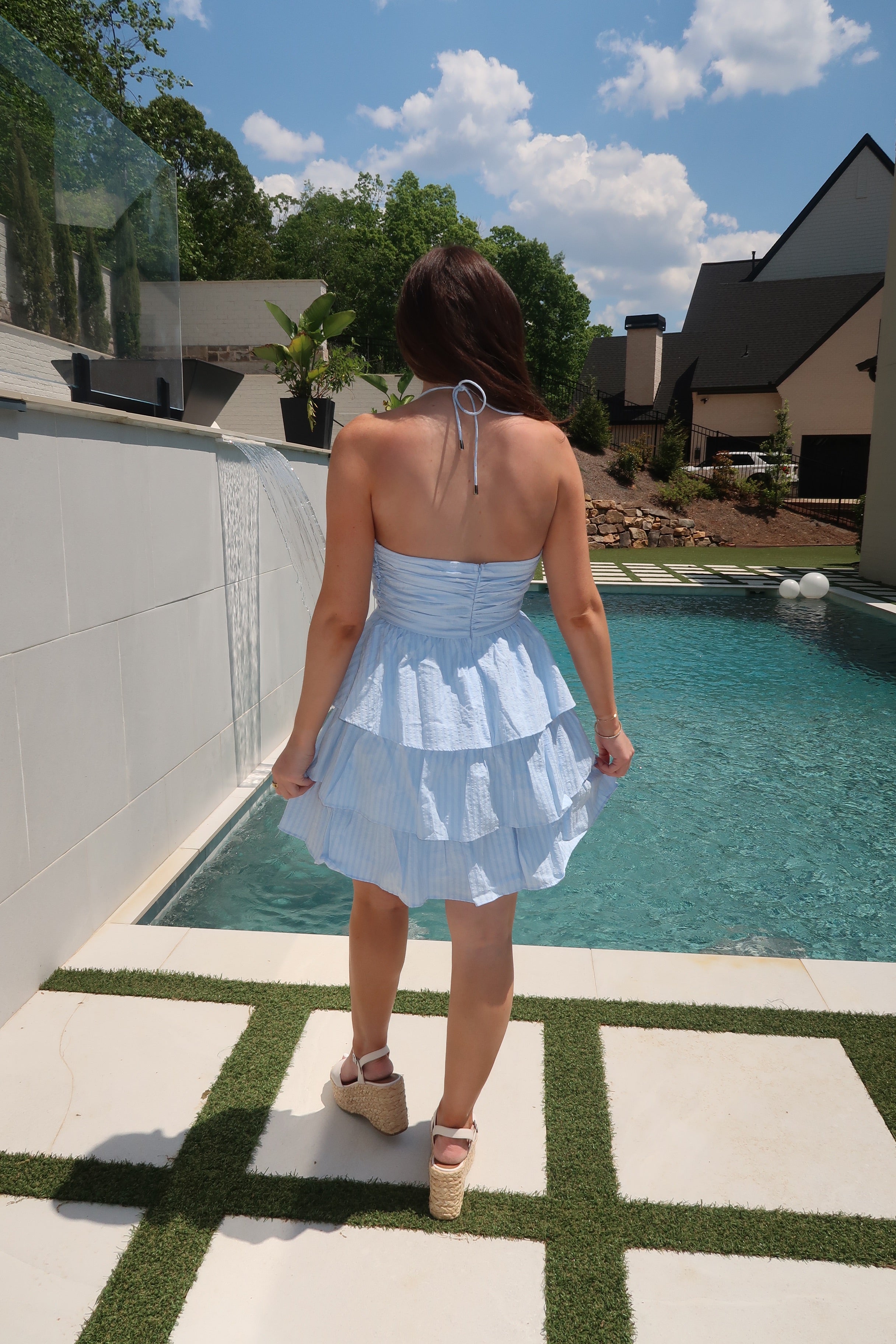 Lennon Ruched Halter Mini Dress- Light Blue