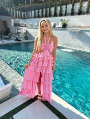 Casa Amor Rosette Halter Maxi Dress- Pink