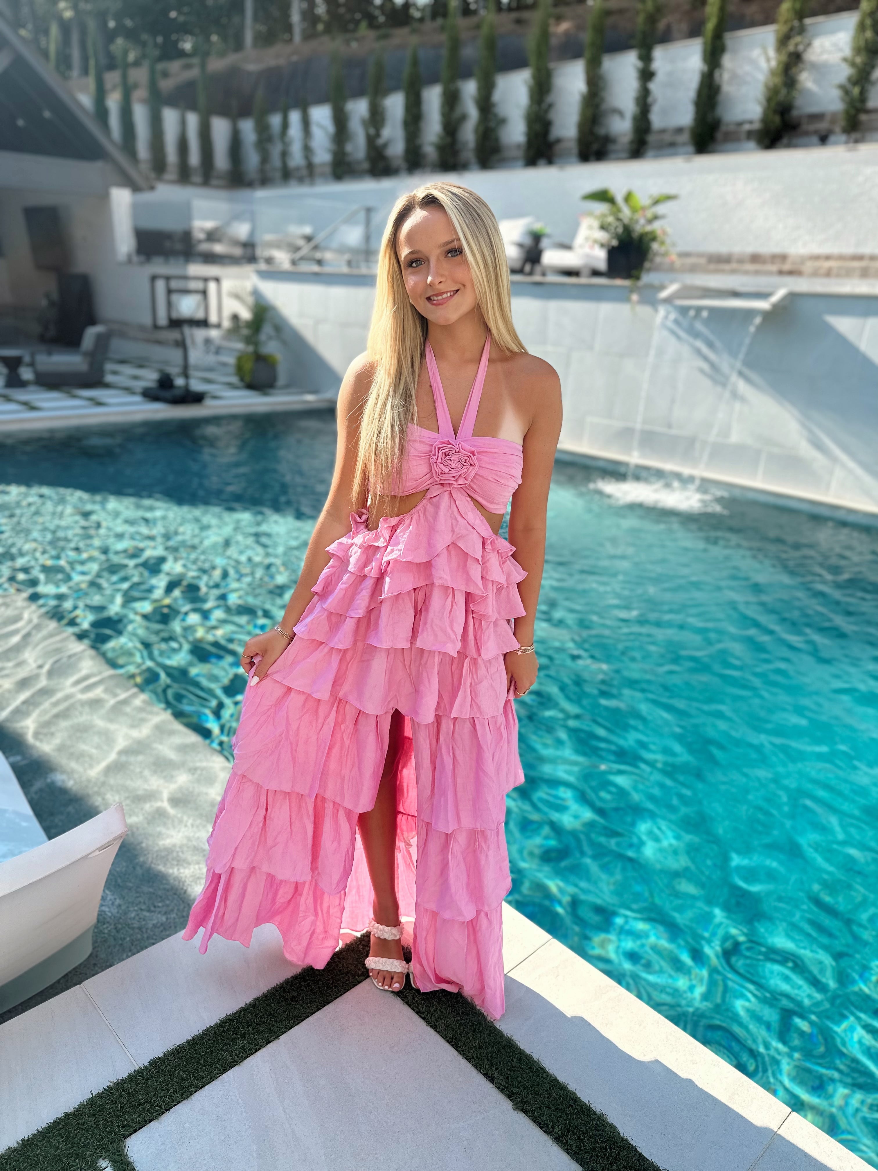 Casa Amor Rosette Halter Maxi Dress- Pink