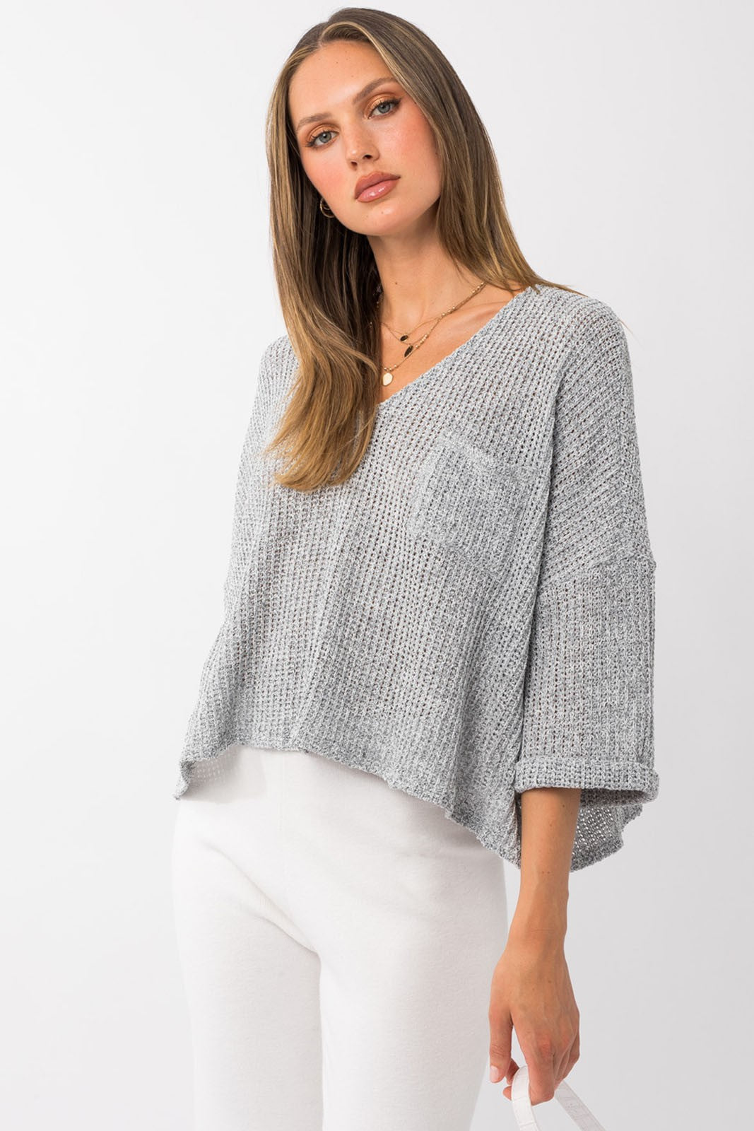 Blayke Short Roll-Up Sleeve V-Neck Top- Grey
