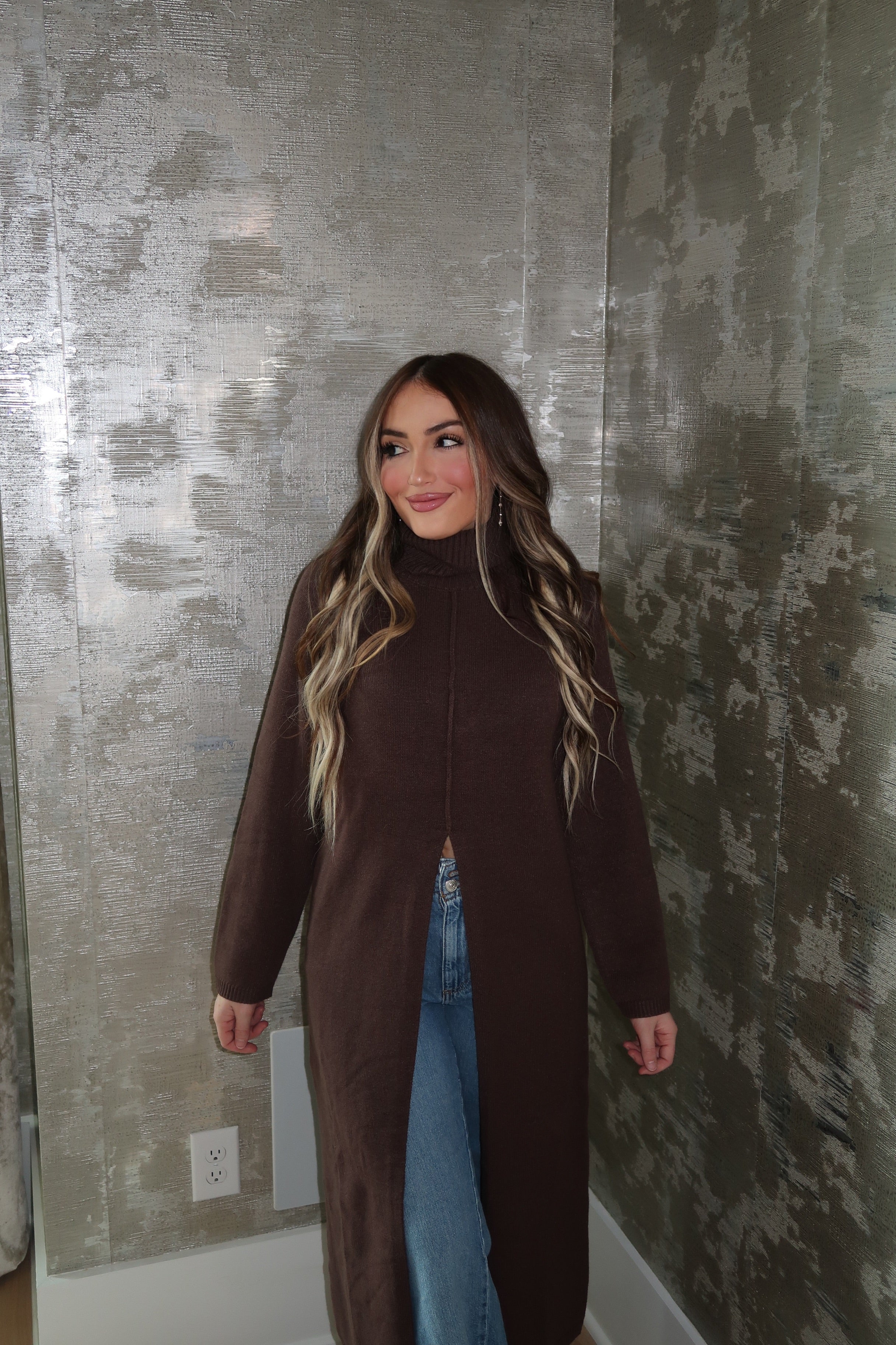 Tommie Turtleneck Tunic Sweater Dress- Brown