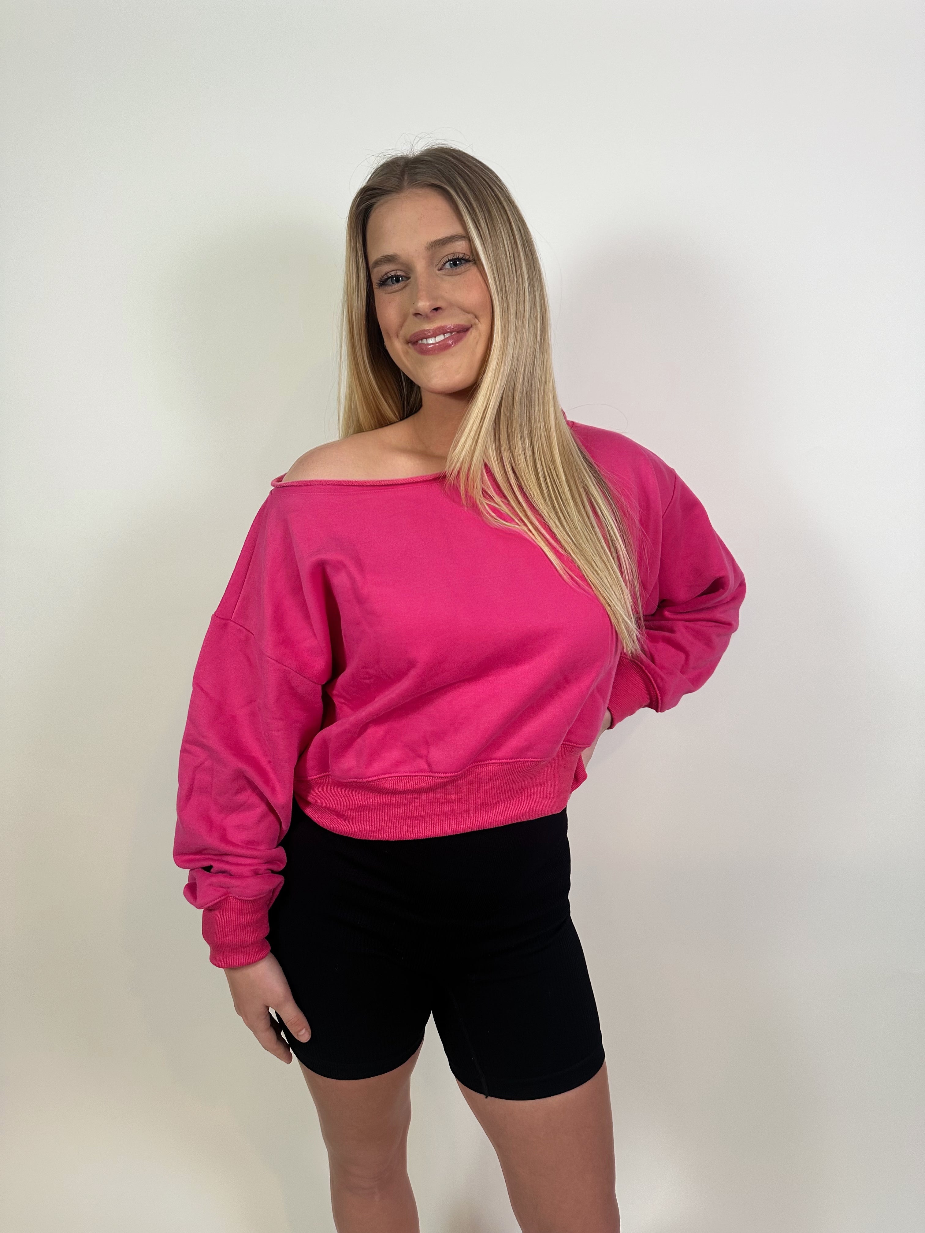 Gwynn Off Shoulder Cropped Sweater- Hot Pink