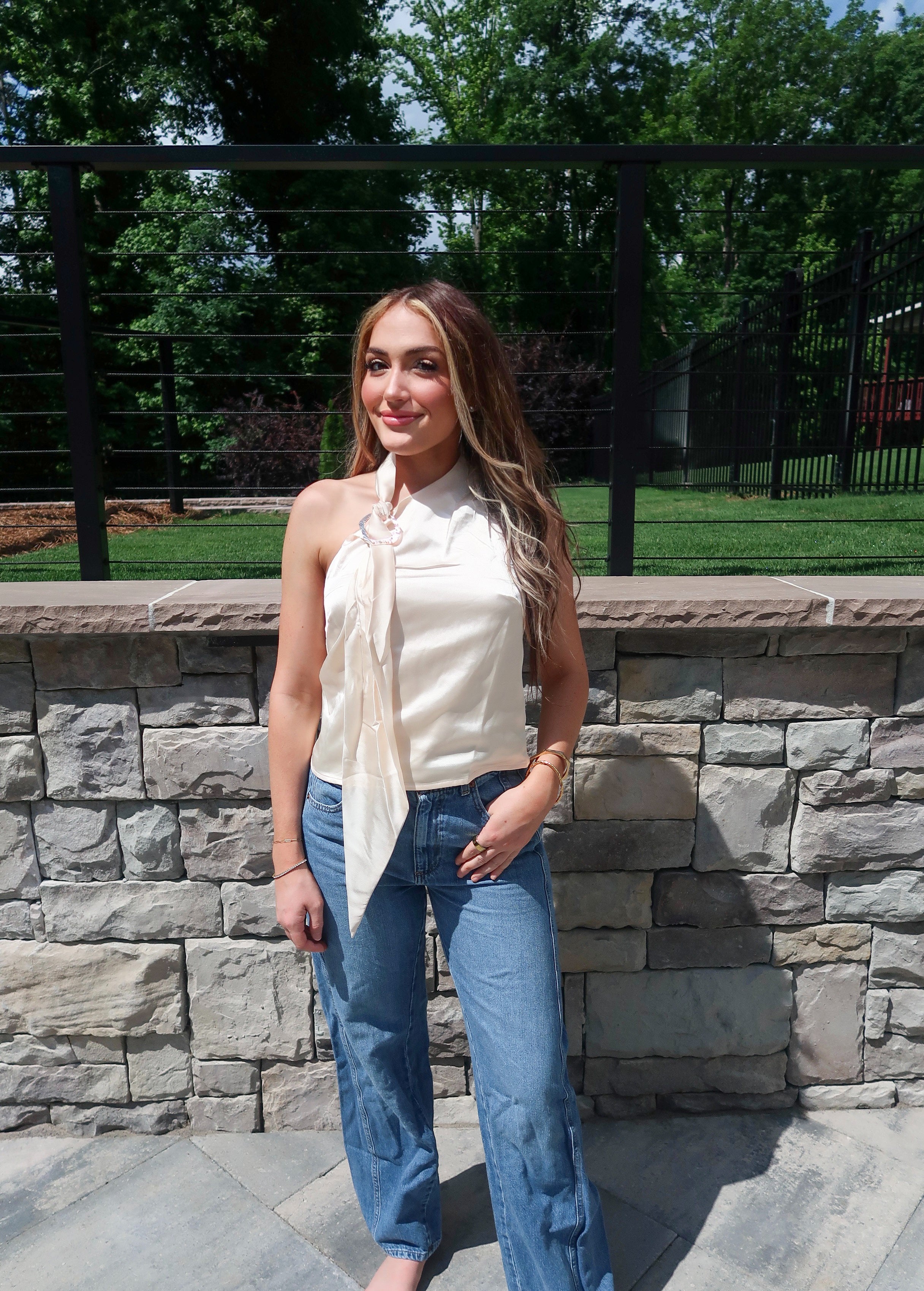 Zara One Shoulder Top With Scarf Detail- Ivory