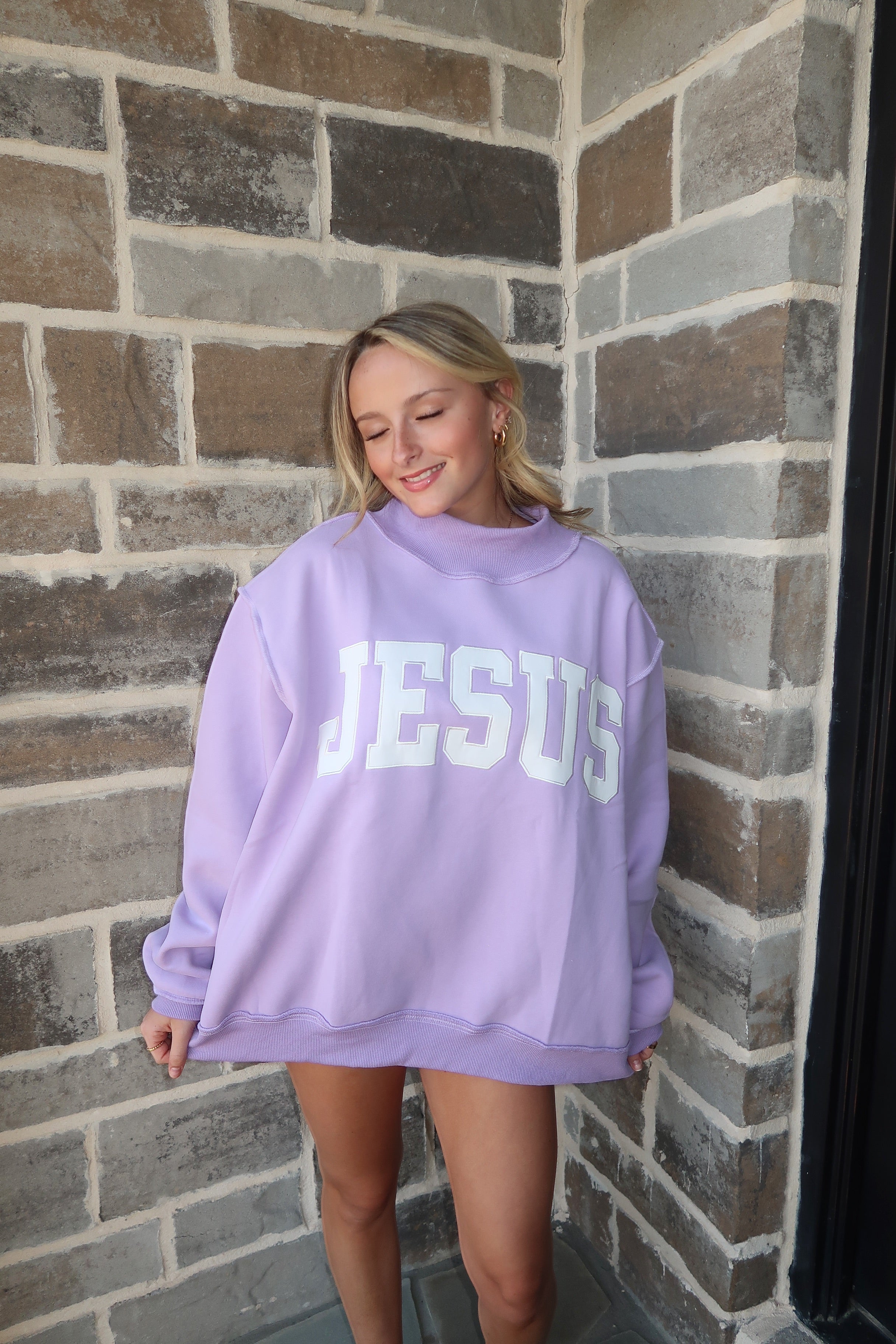 Jesus Embroidered Mockneck Sweatshirt- Lavender