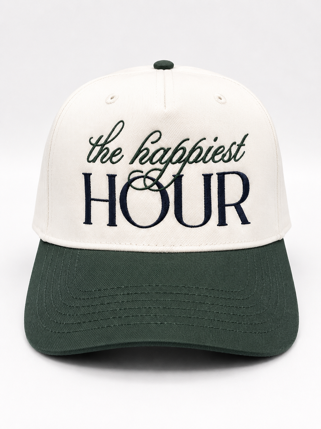The Happiest Hour Canvas Embroidered Trucker Hat- White/Green