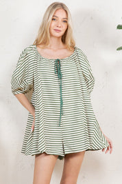 Rumi Striped Puff Sleeve Romper- Sage Green