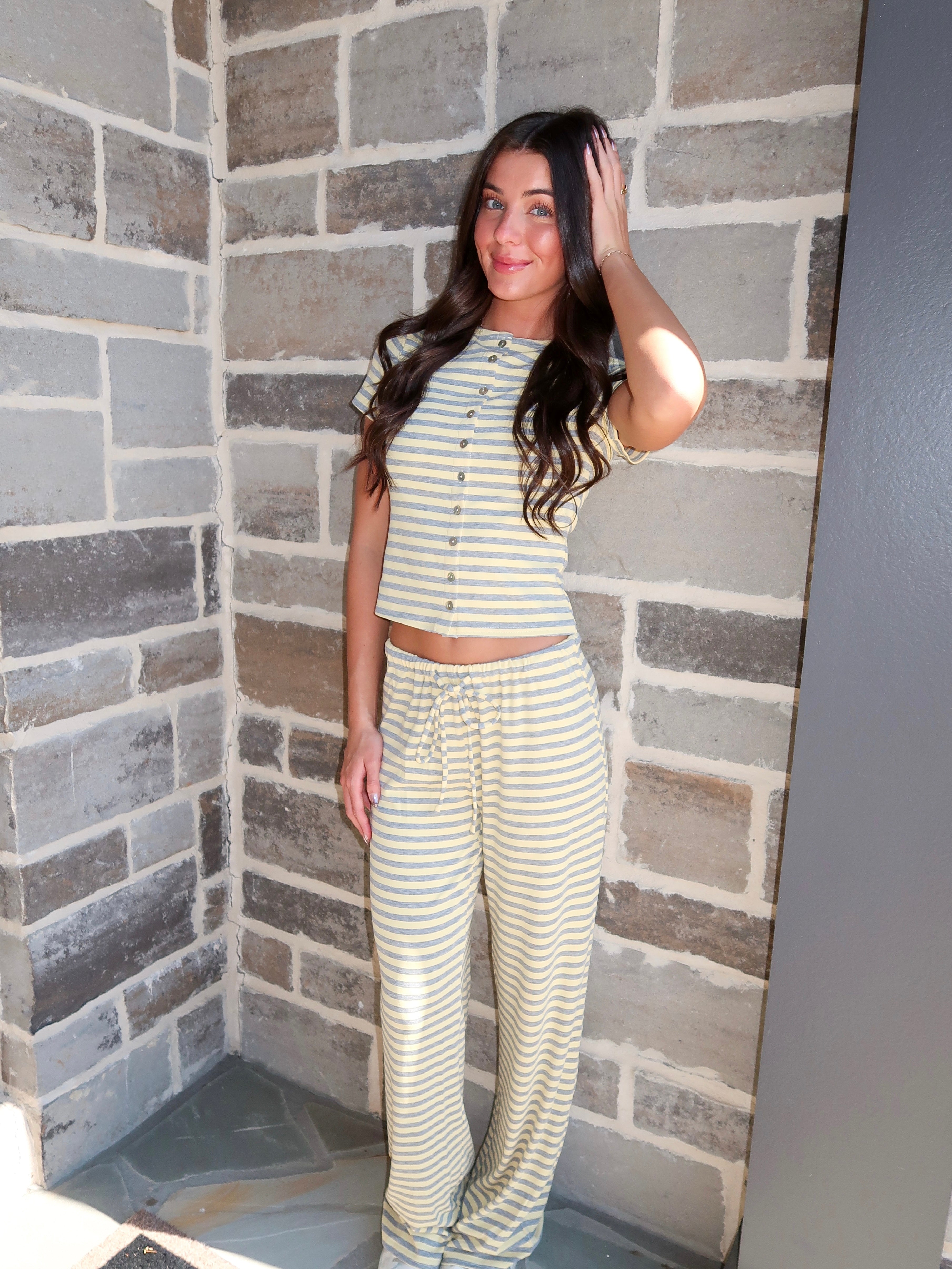 Pippa Striped Pants Set- Yellow/Grey