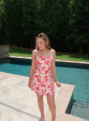 Indie Floral Mini Dress- Ivory/Red