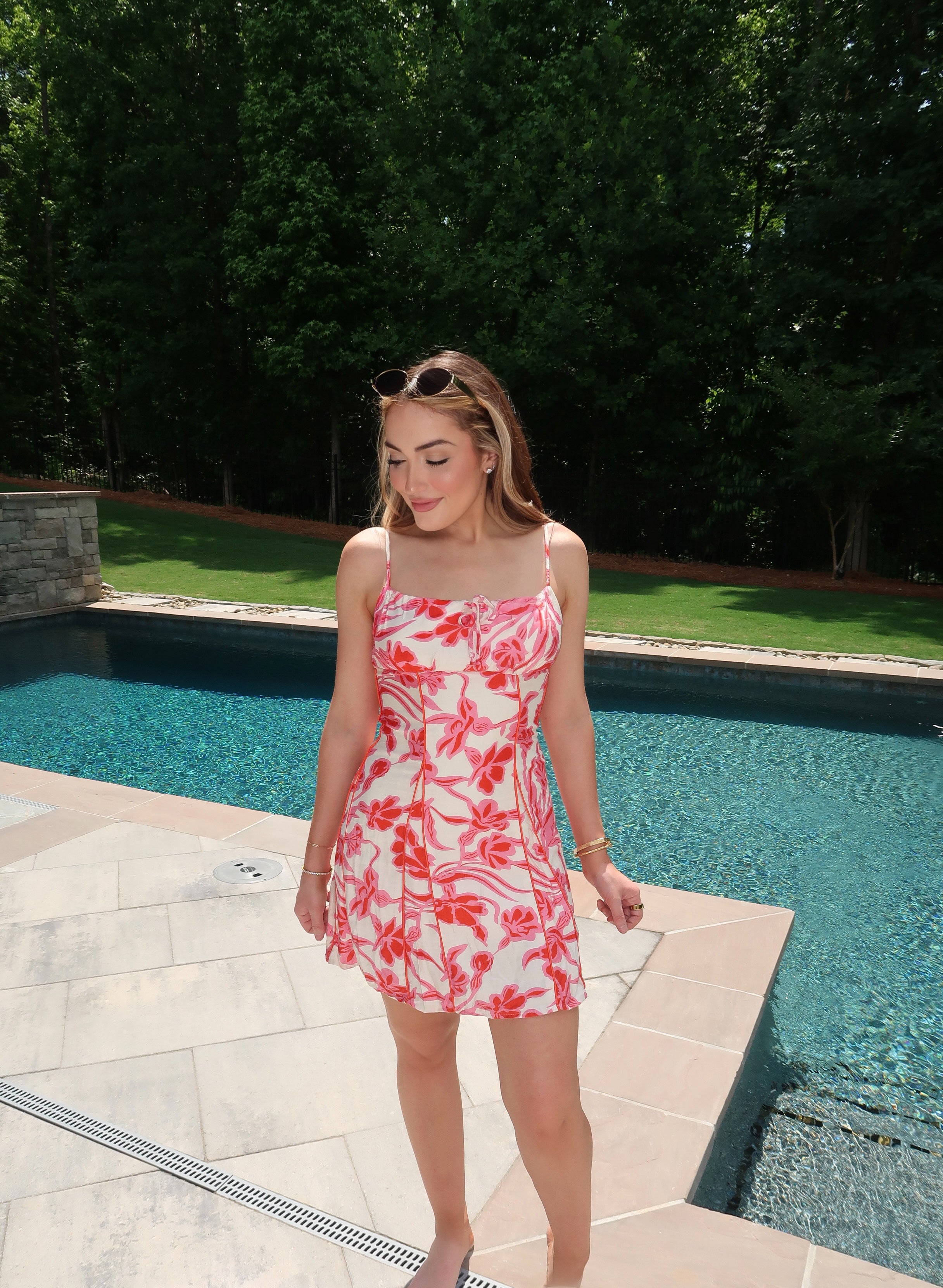 Indie Floral Mini Dress- Ivory/Red