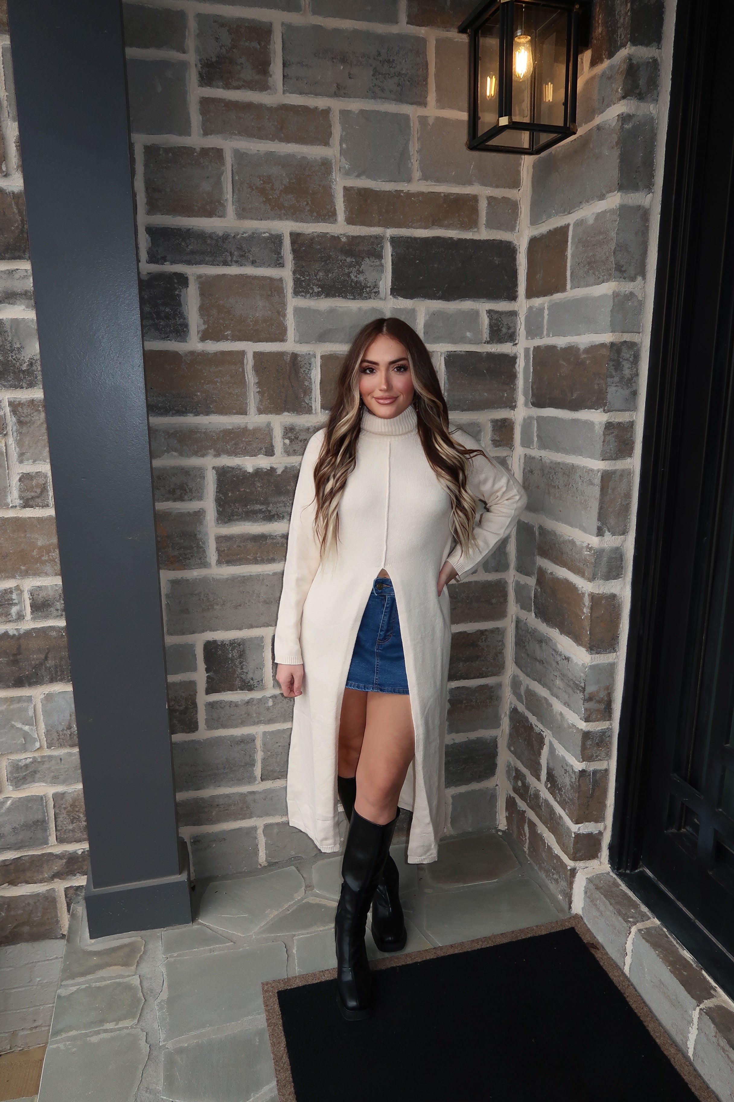 Tommie Turtleneck Tunic Sweater Dress- Ecru