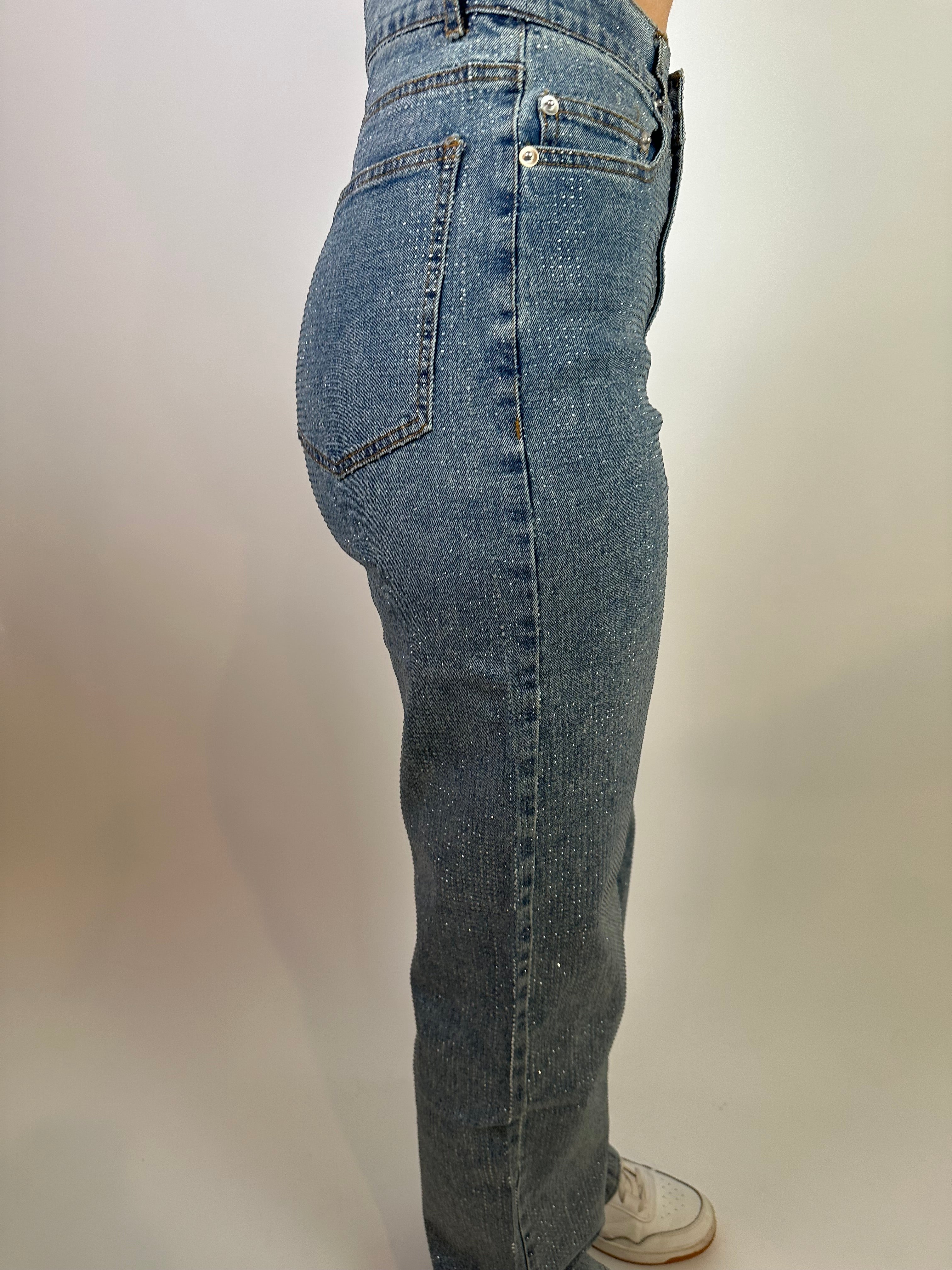 Subtle Flex Clear Crystal Embellished Jeans- Denim