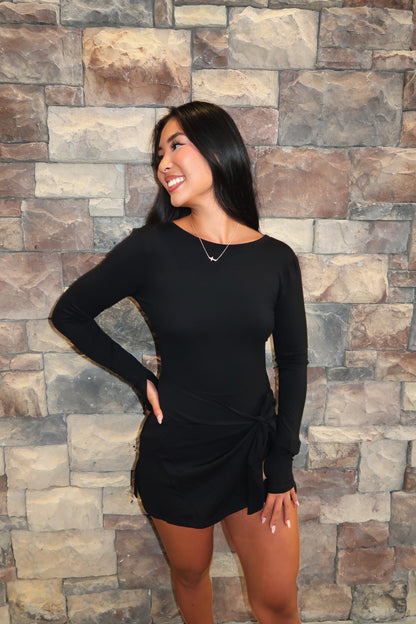 Elle Long Sleeve Wrap Athletic Dress- Black