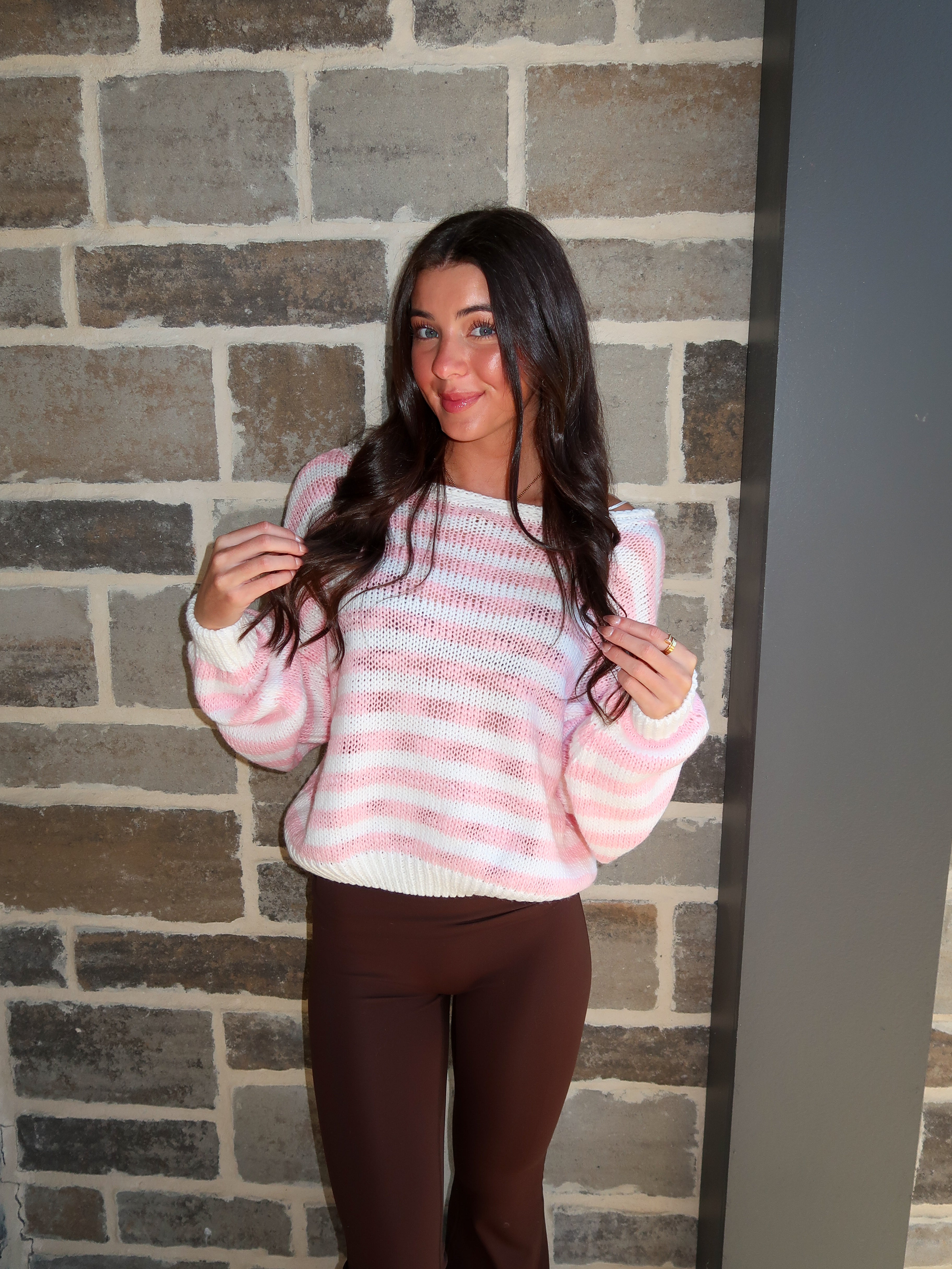 Camille Striped Knit Off The Shoulder Sweater- Pink