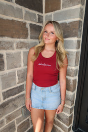 Alabama Embroidered Ribbed Tank Top- Dark Crimson