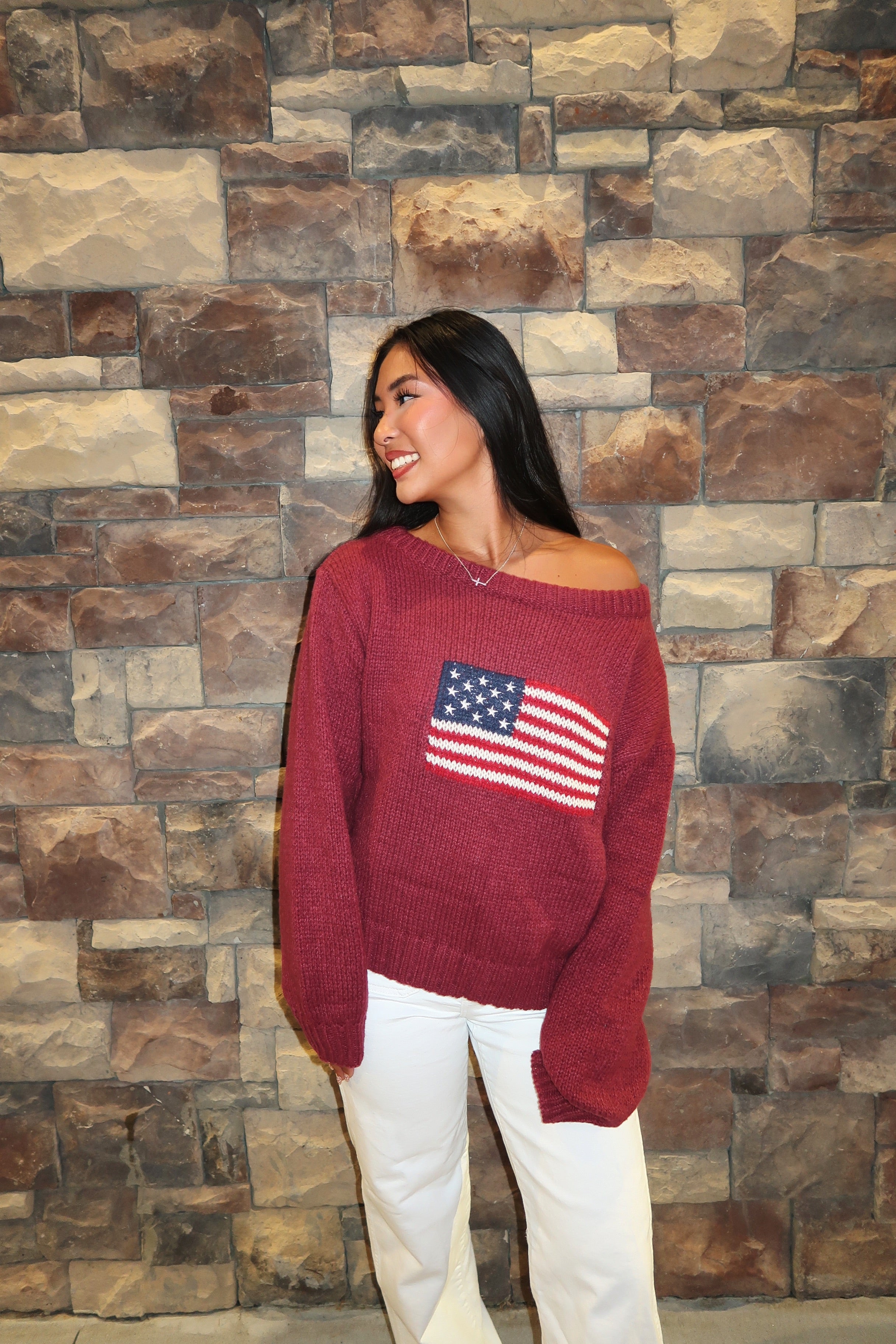 Bryn American Flag Ribbed Knit Sweater- Burgundy