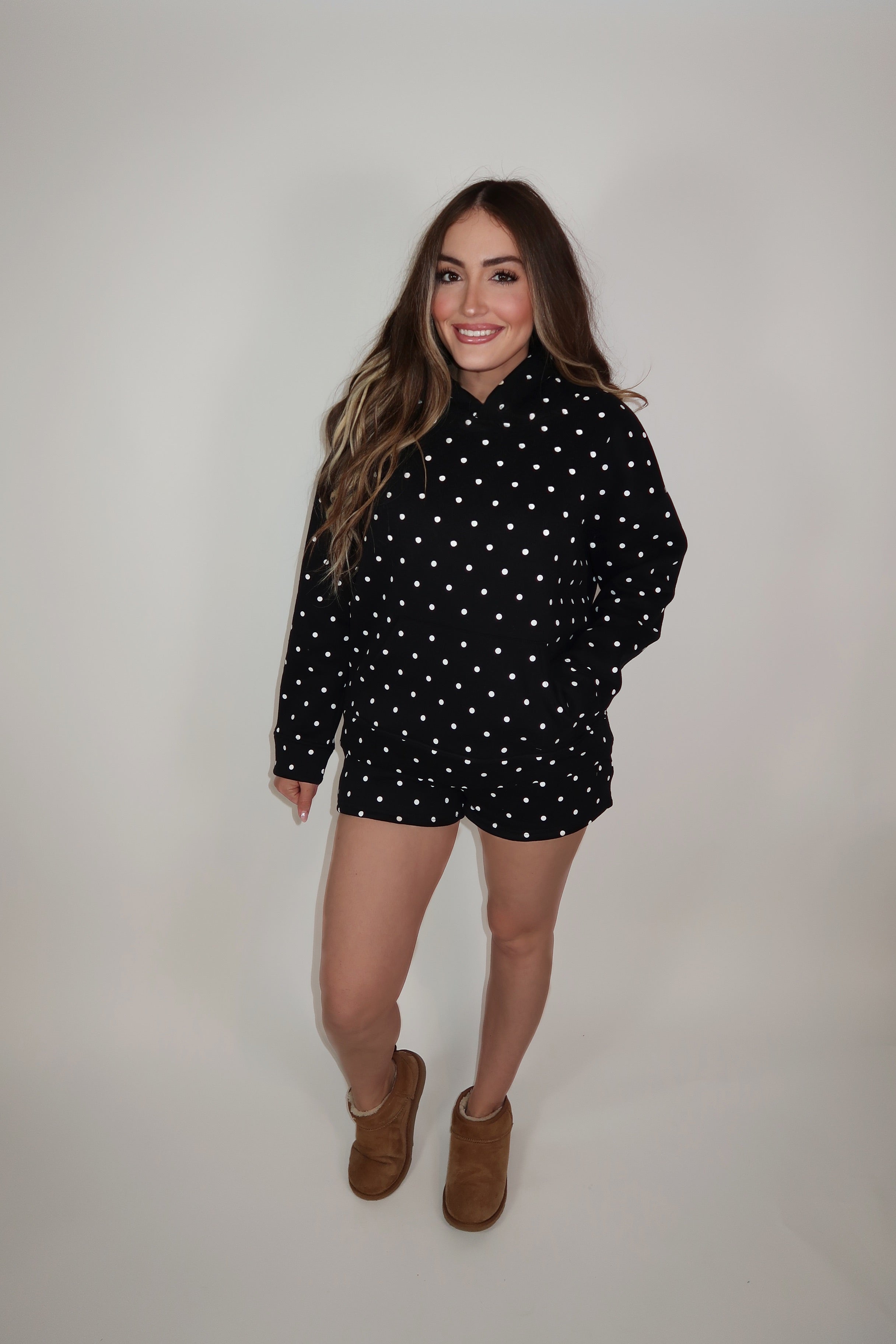 Eliza Polka Dot Sweatshirt and Short Set- Black