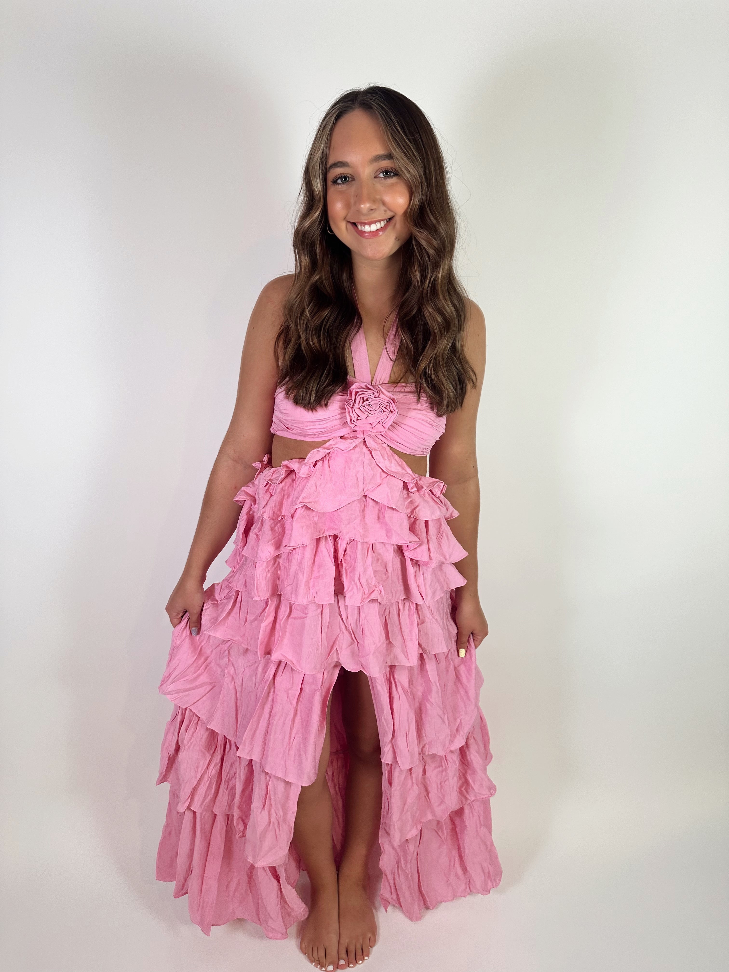 Casa Amor Rosette Halter Maxi Dress- Pink