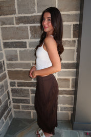 Freya Pleated Fringe Midi Skirt- Brown