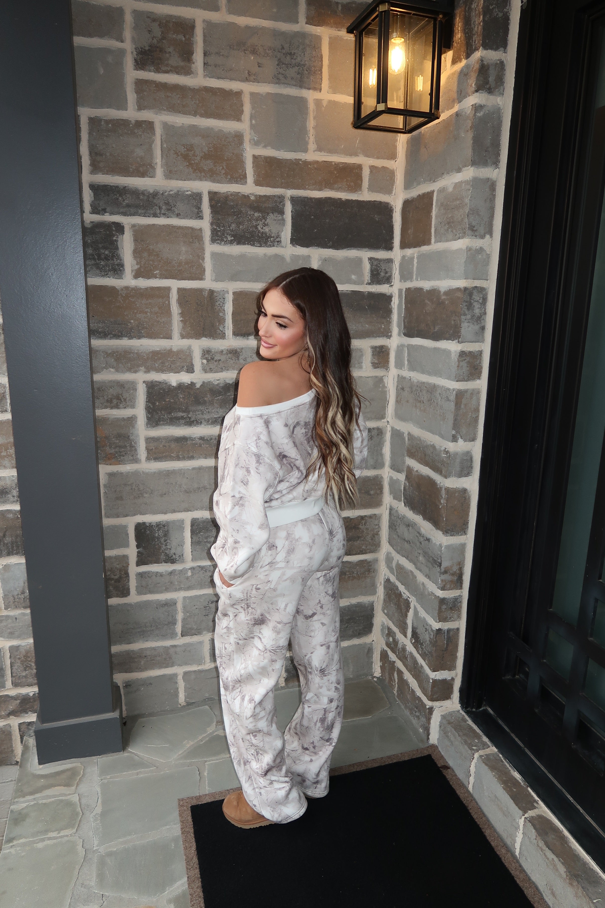 Monroe Camo Fleece Off Shoulder Sweater- Light Camo