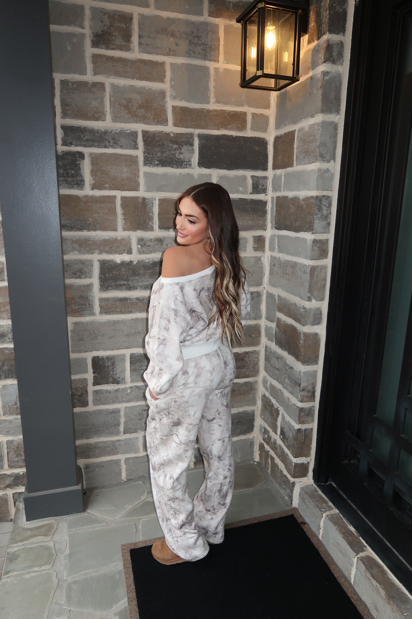 Monroe Camo Fleece Off Shoulder Sweater- Light Camo