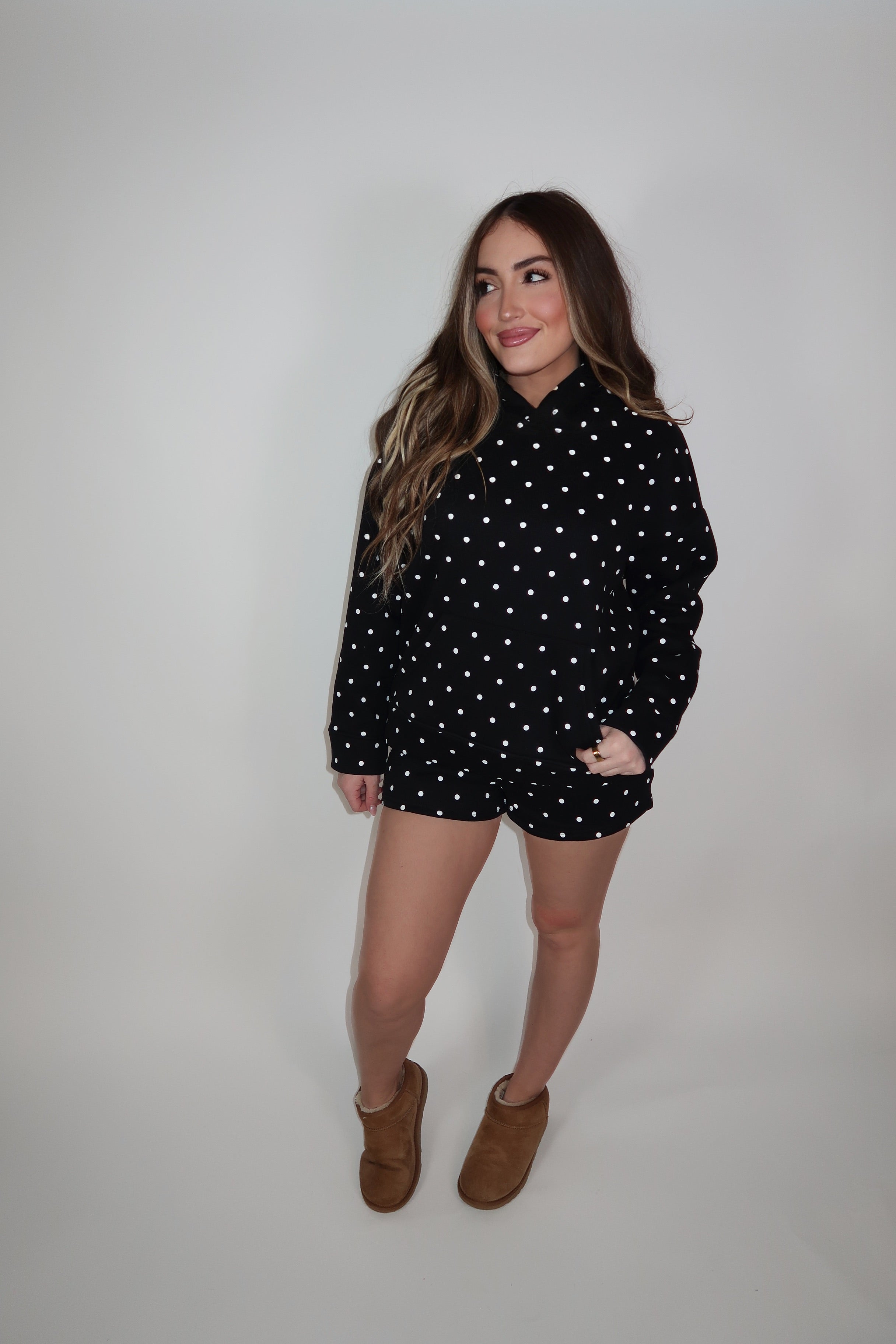 Eliza Polka Dot Sweatshirt and Short Set- Black