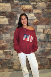 Bryn American Flag Ribbed Knit Sweater- Burgundy