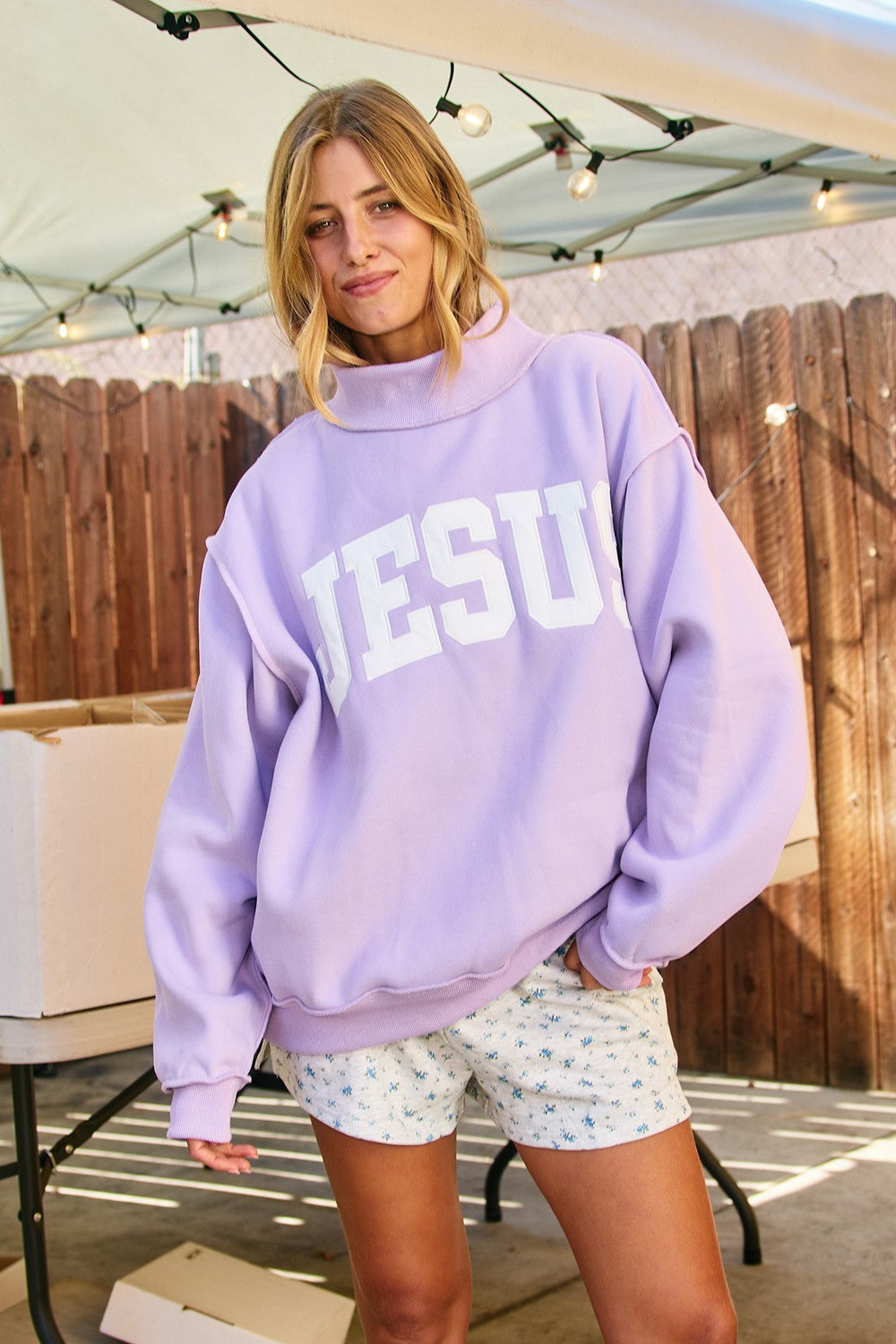 Jesus Embroidered Mockneck Sweatshirt- Lavender