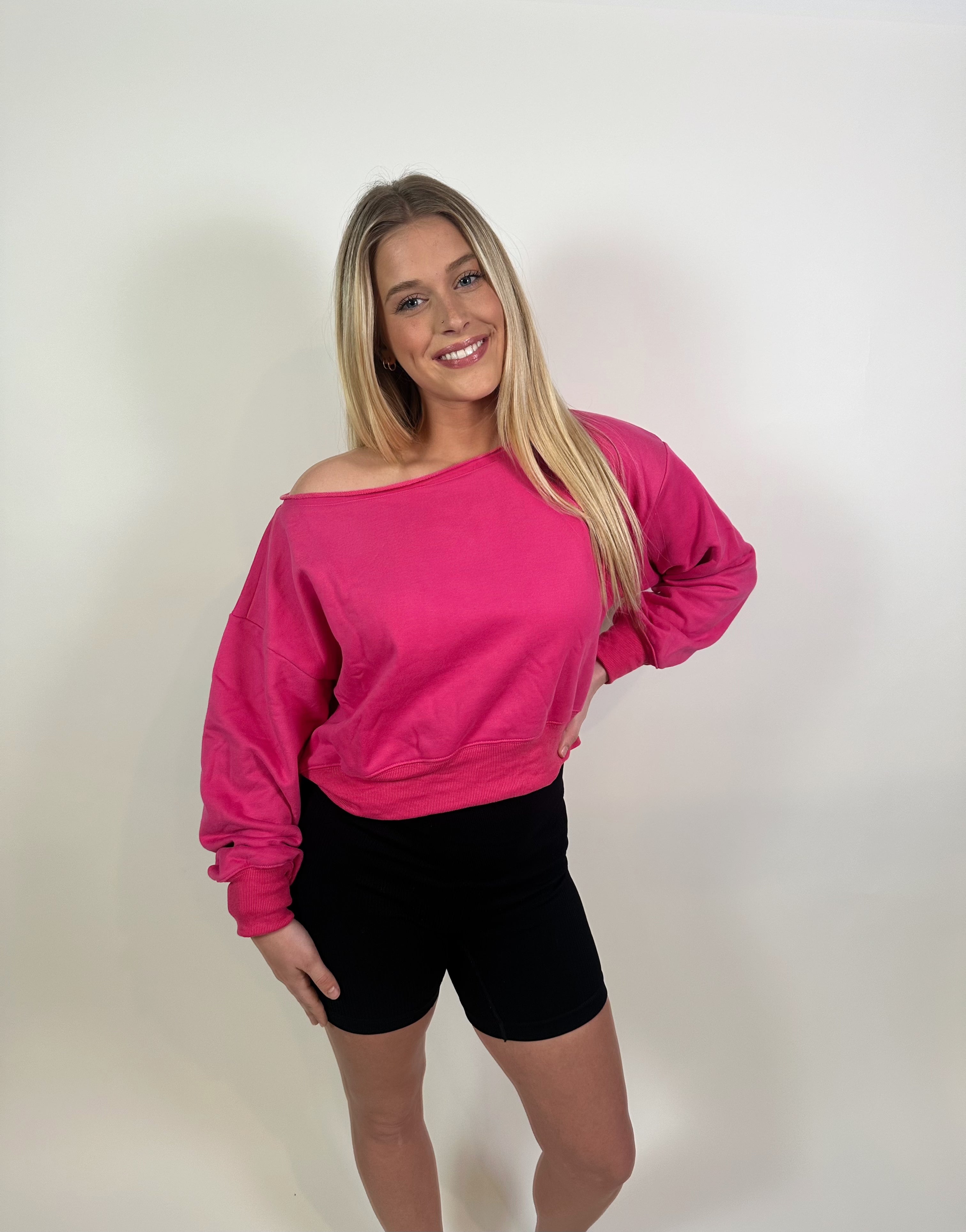 Gwynn Off Shoulder Cropped Sweater- Hot Pink