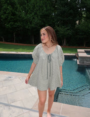 Rumi Striped Puff Sleeve Romper- Sage Green