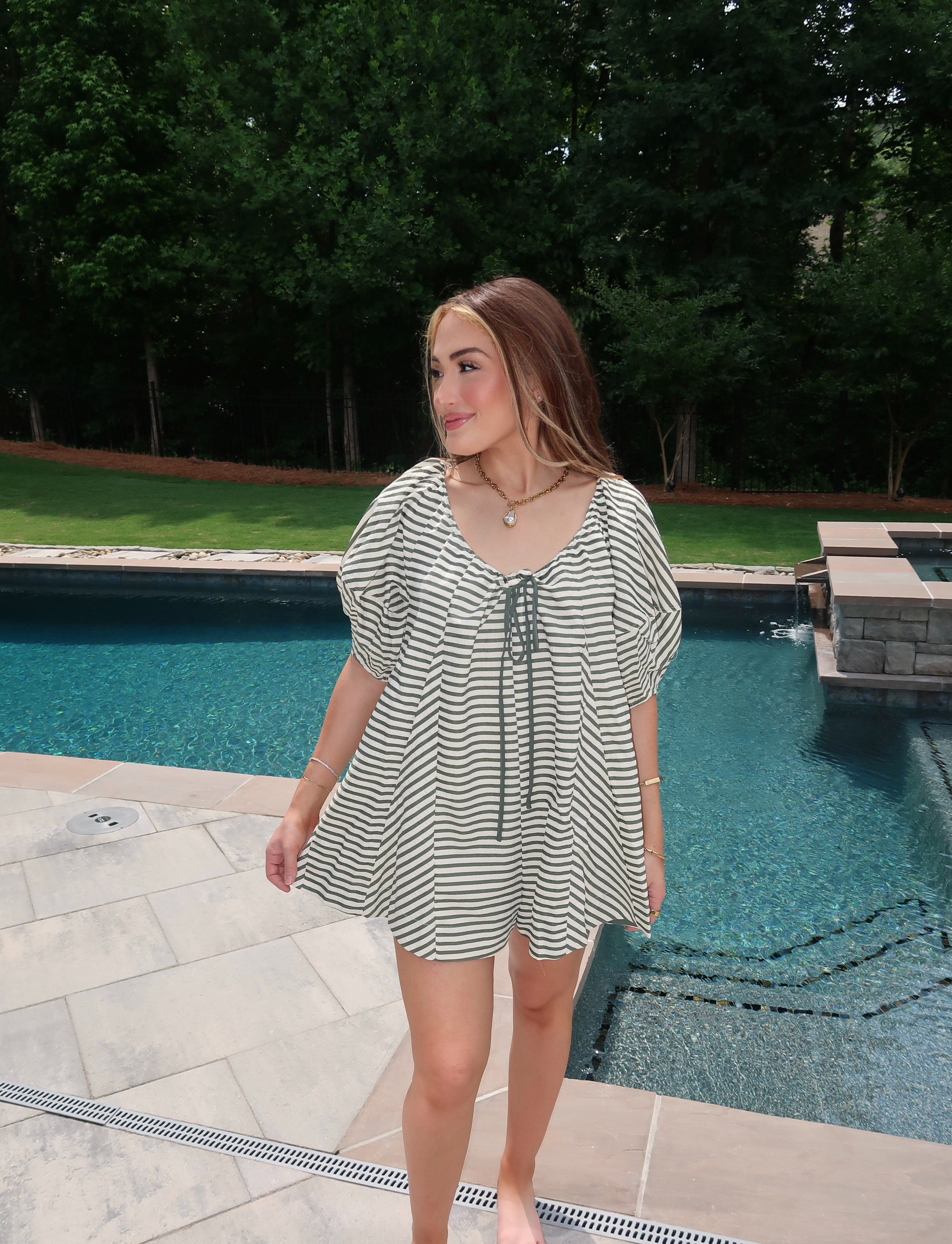 Rumi Striped Puff Sleeve Romper- Sage Green