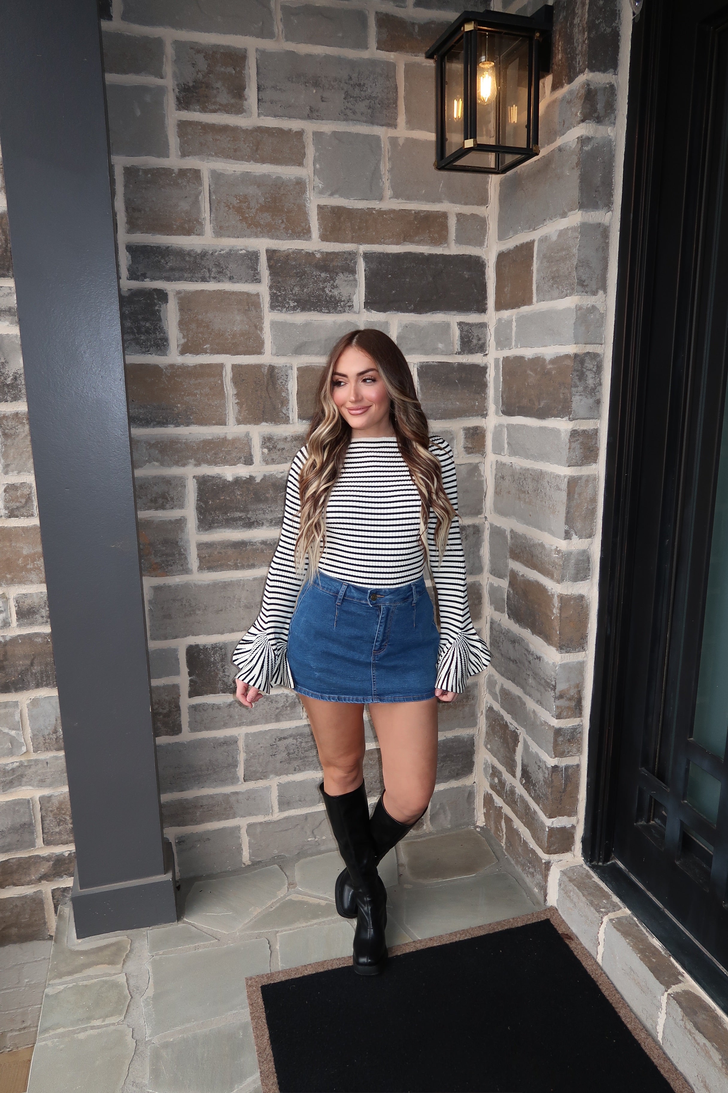 Riley Long Sleeve Striped Sweater- White/Black