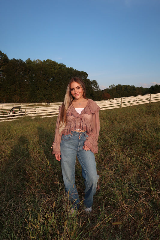 Colette Chiffon Lace Ruffle Long Sleeve Top- Mocha
