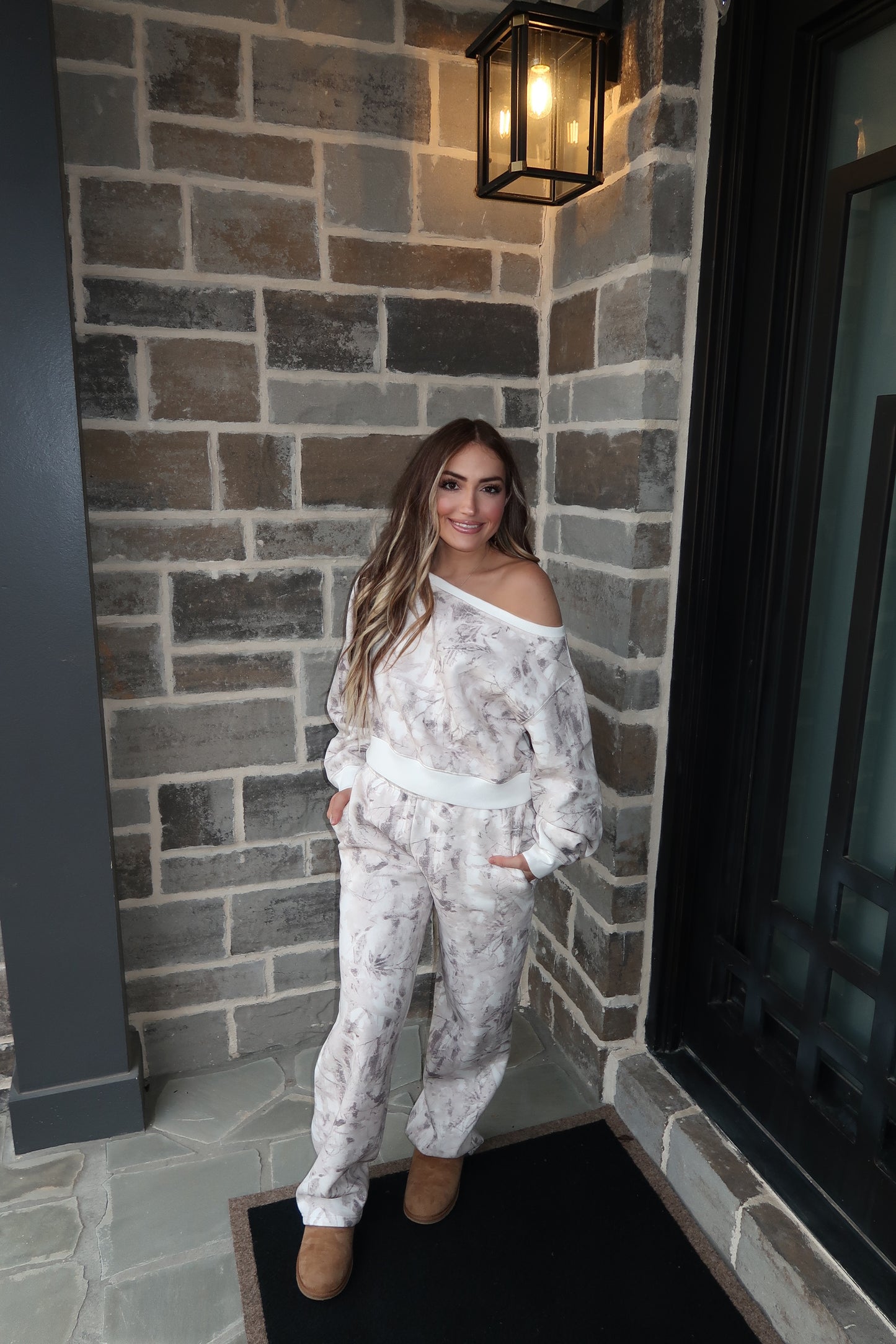 Monroe Camo Fleece Off Shoulder Sweater- Light Camo