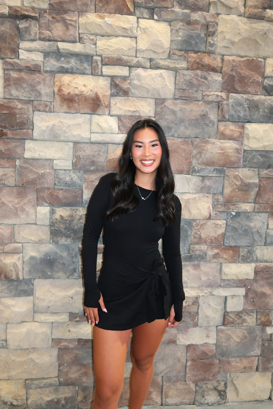 Elle Long Sleeve Wrap Athletic Dress- Black