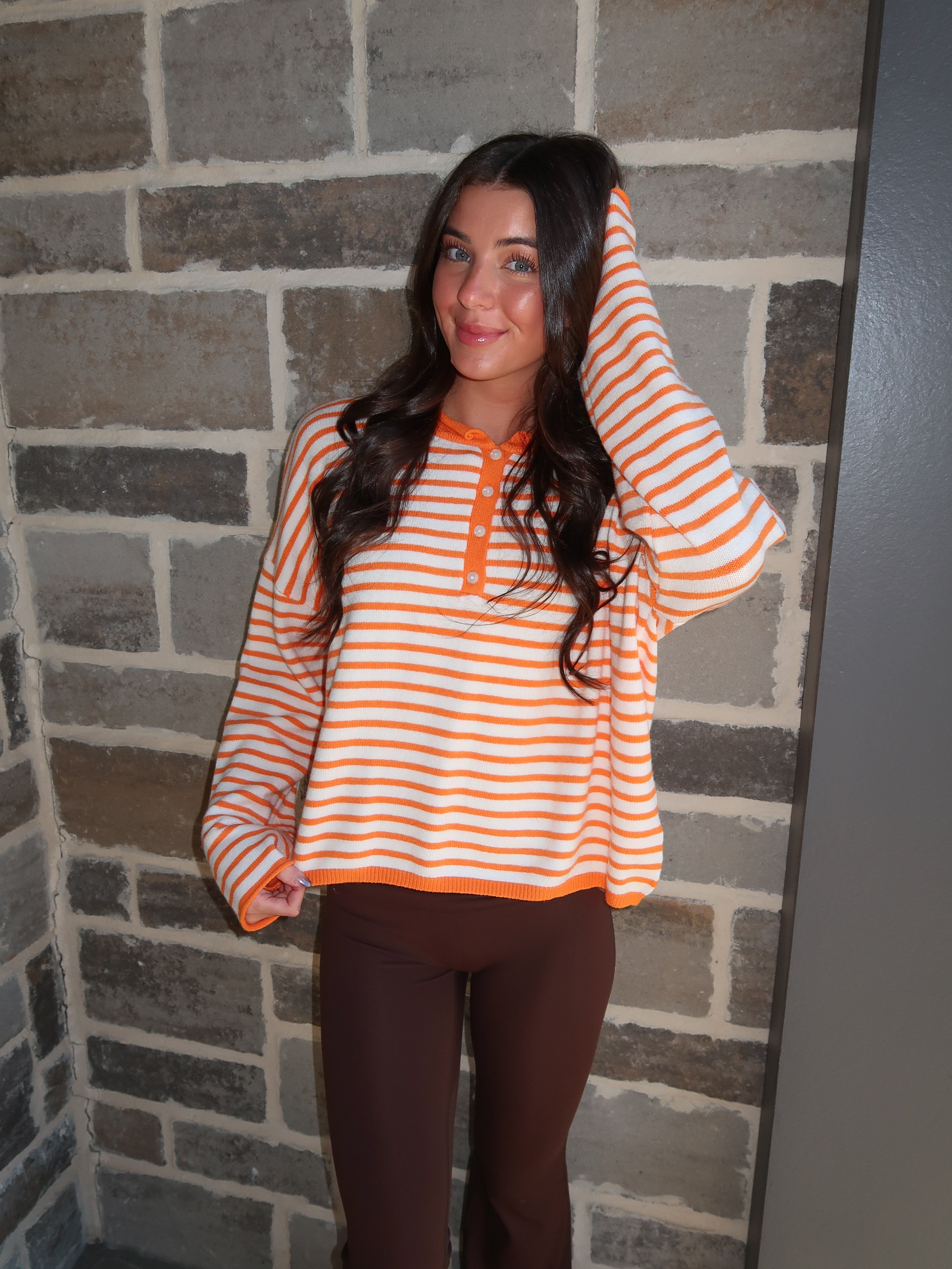 Harlow Striped Henley Knit Top- Sunkist