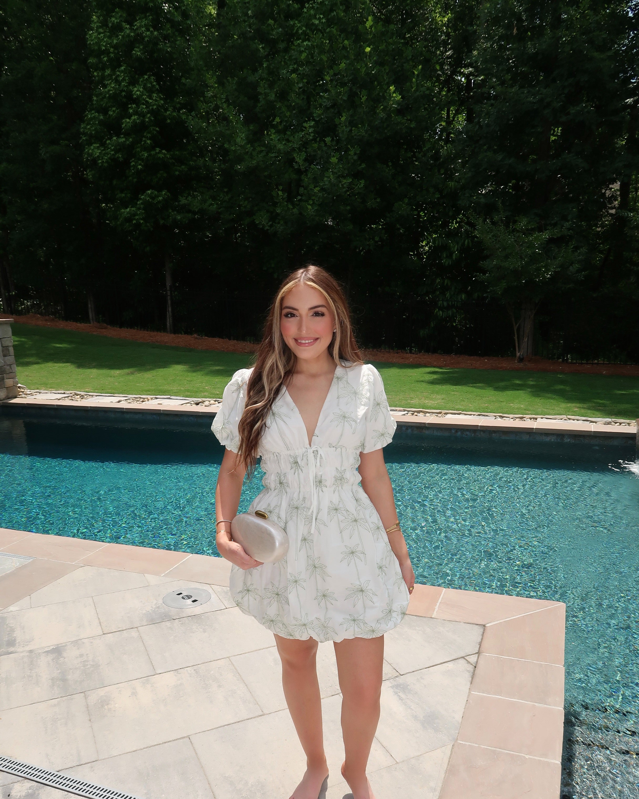 The Palms Shirred Mini Dress-White/Green