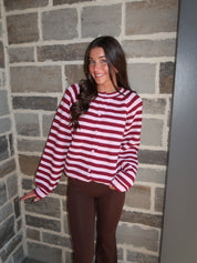Josie Striped Sweater Cardigan- Burgundy/Pink
