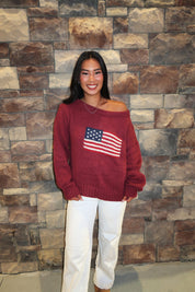 Bryn American Flag Ribbed Knit Sweater- Burgundy