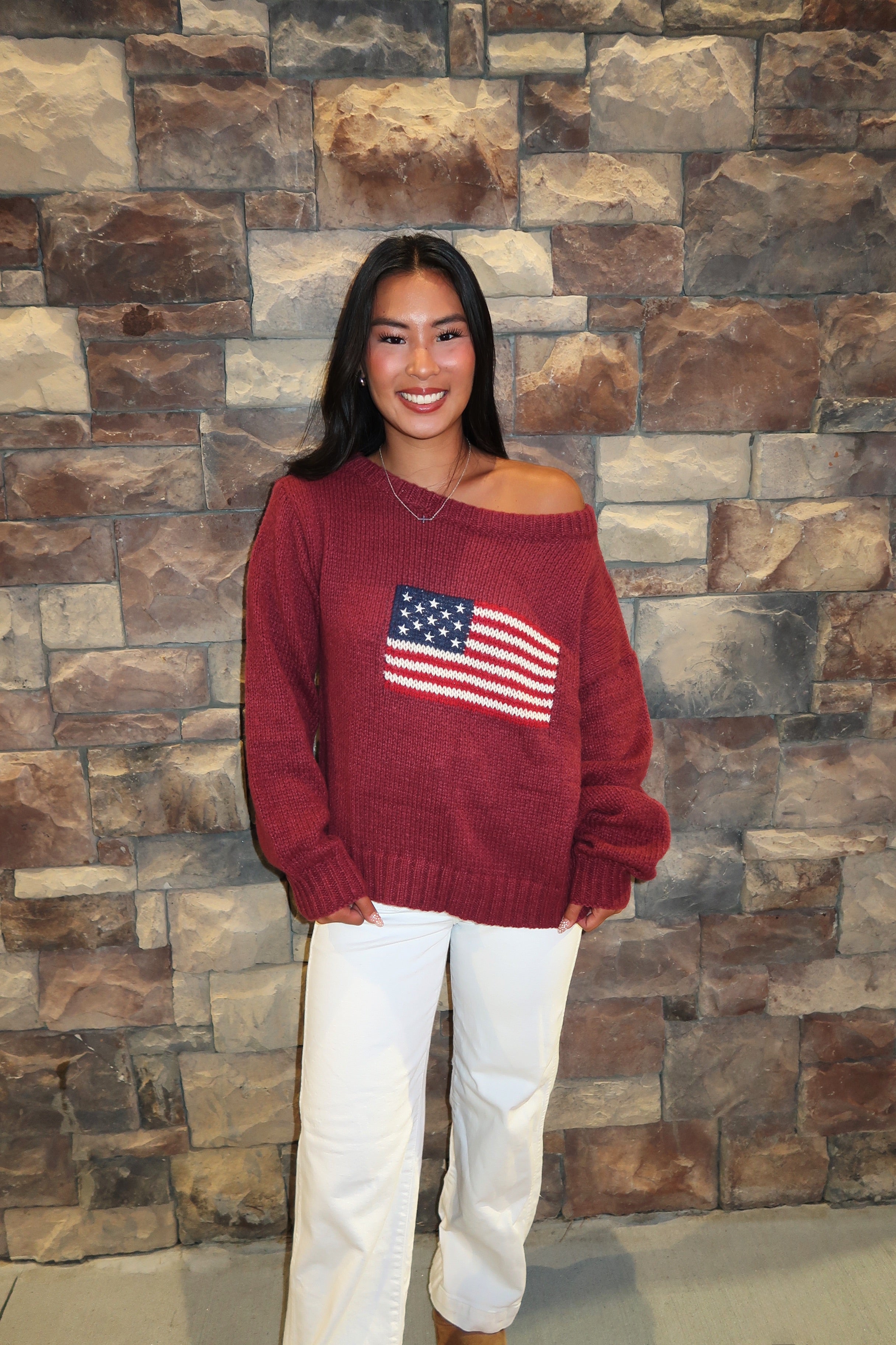 Bryn American Flag Ribbed Knit Sweater- Burgundy