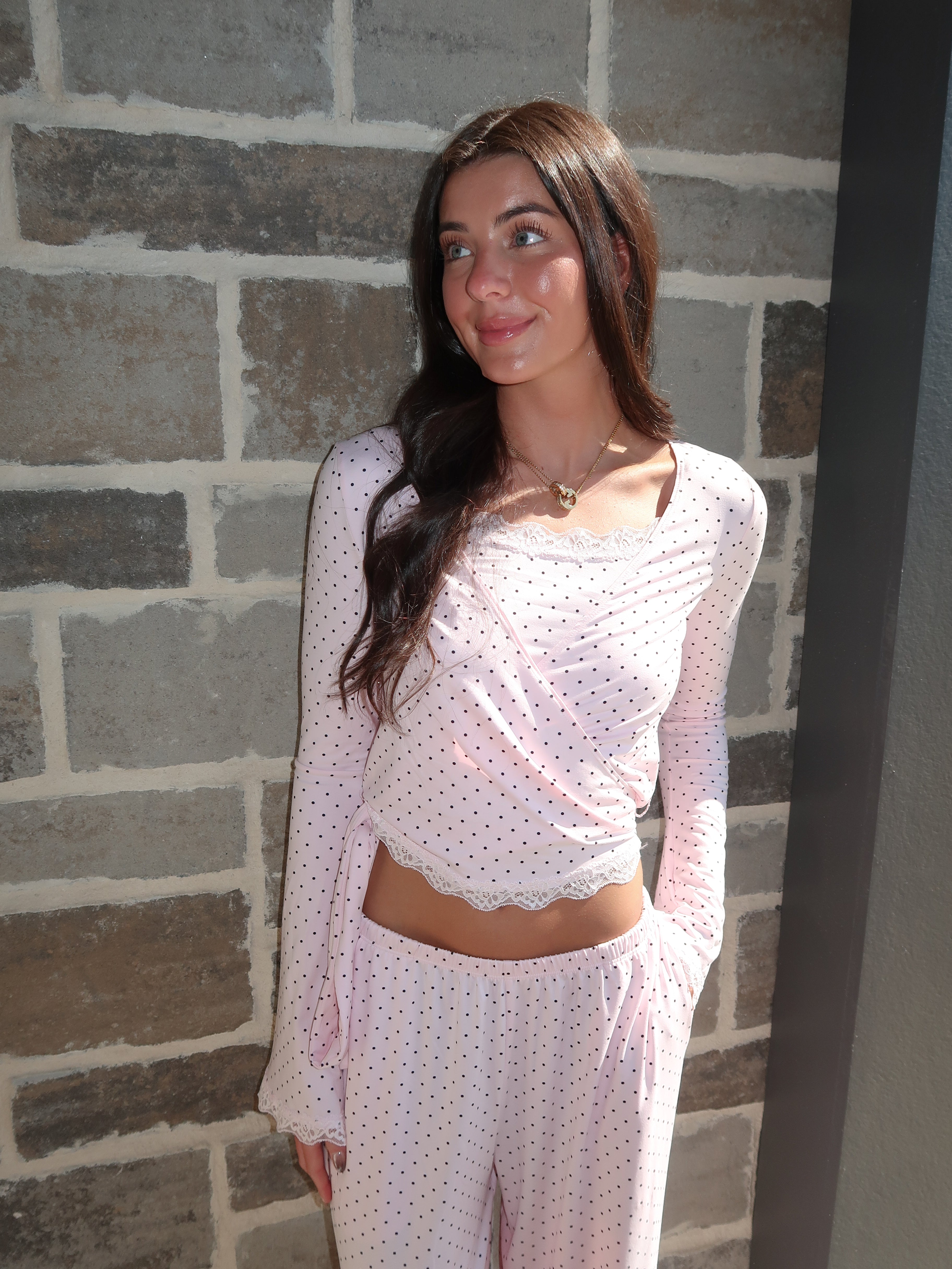 Loren Polka Dot V-Neck Wrap Top – Pink/Black