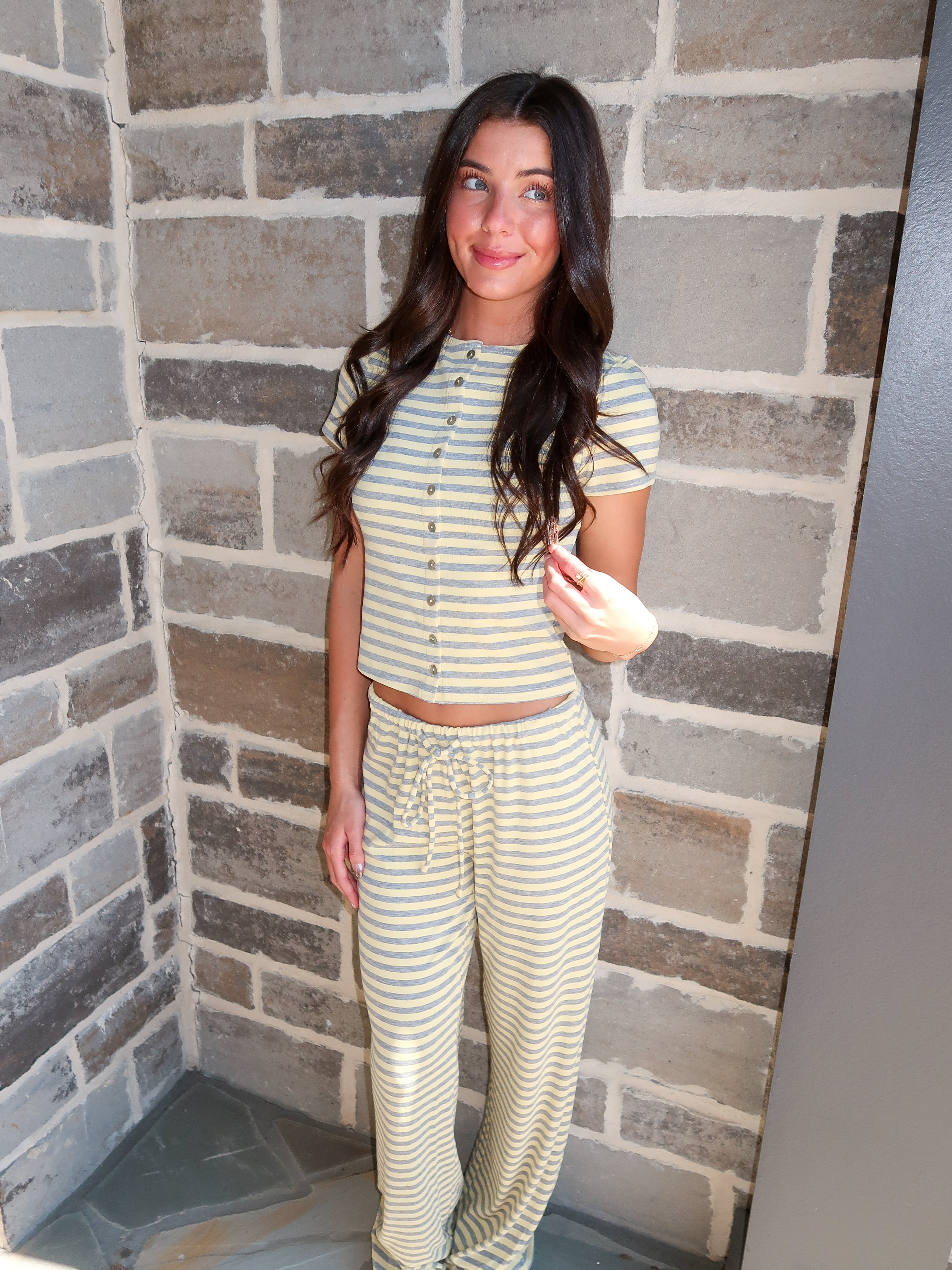 Pippa Striped Pants Set- Yellow/Grey