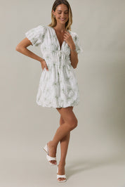 The Palms Shirred Mini Dress-White/Green