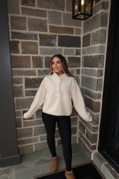 Cassie Fleece Button Top- Ivory/Pink